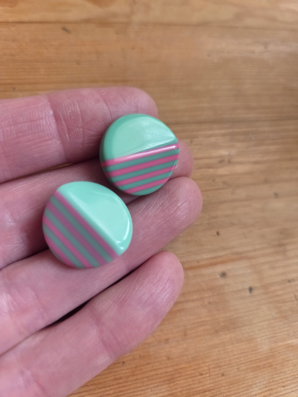 Vintage 90s Teal Pink Striped Round Plastic Post Earrings Retro Studs